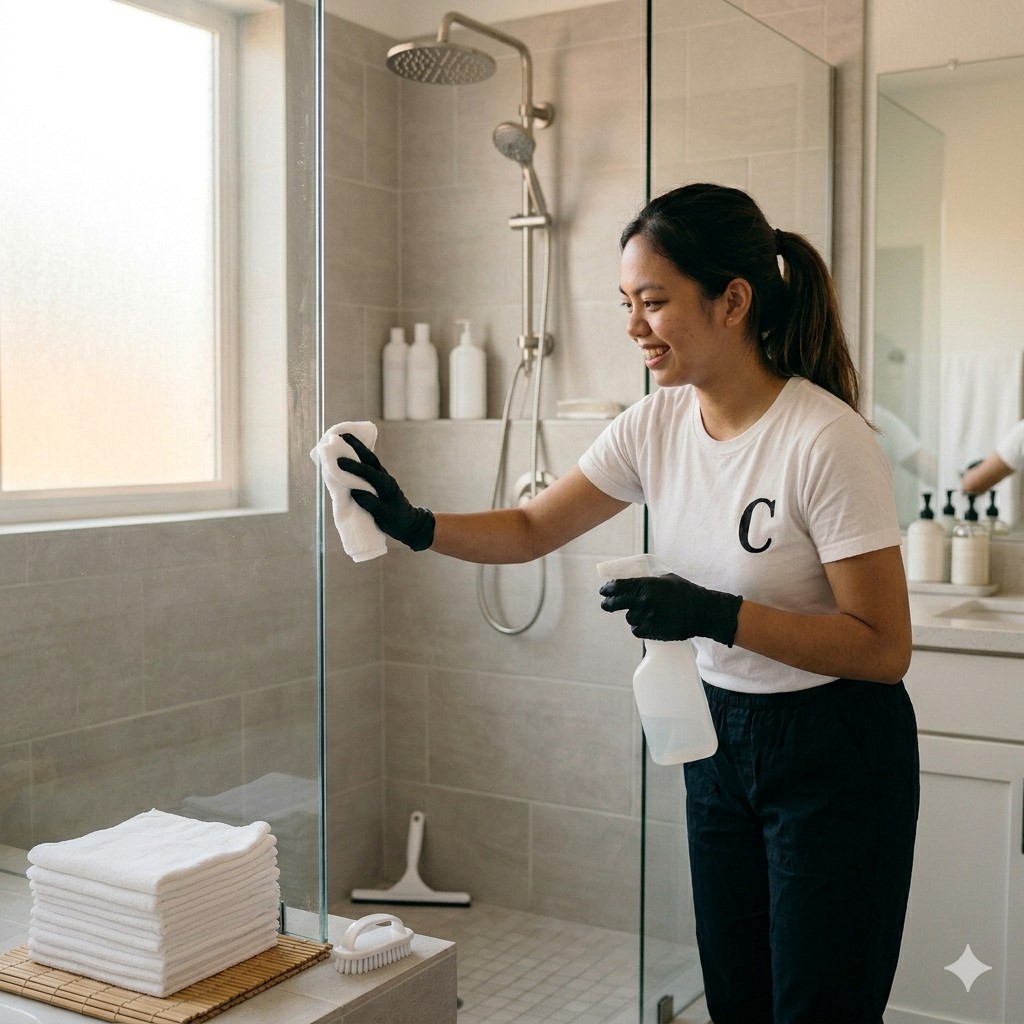 Professional cleaning service cleaning and sanitizing a bathroom